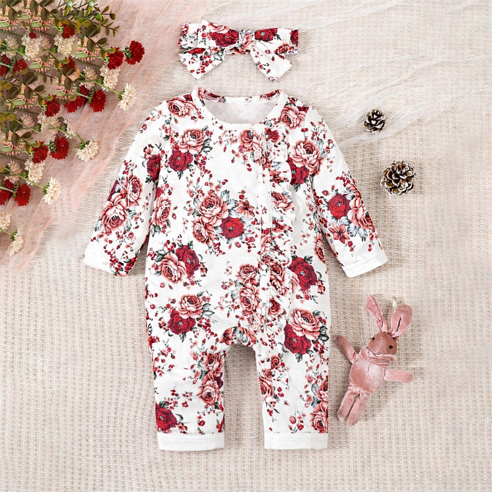 2PCS Allover Floral Print Long Sleeve Baby Jumpsuit