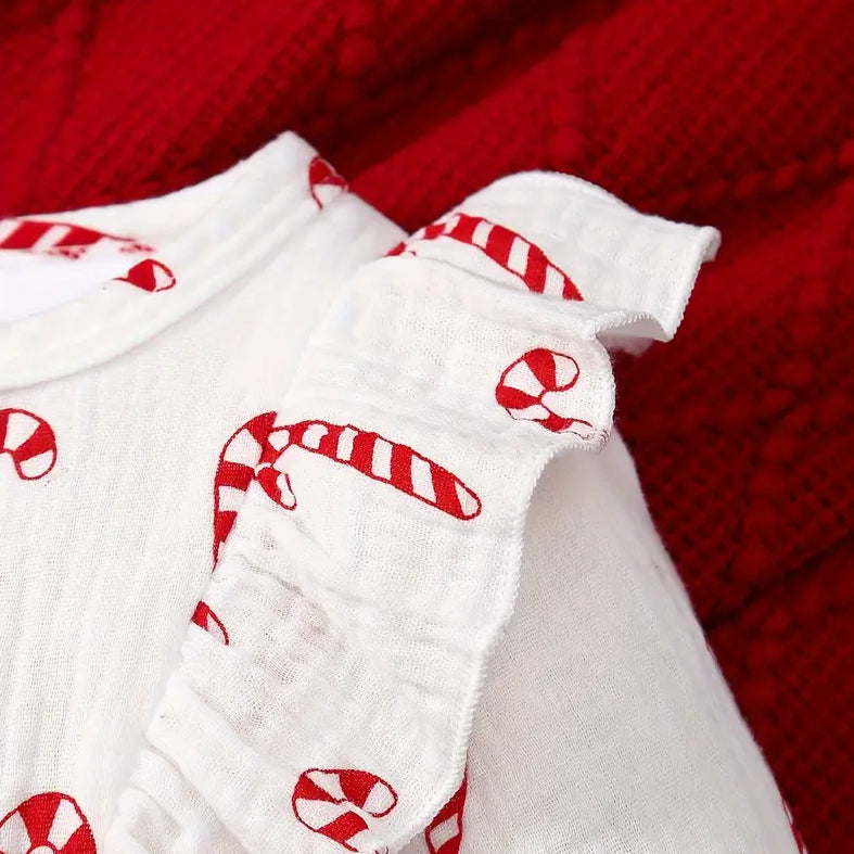 2PCS Christmas Candy Cane Printed Bowknot Long Sleeve Baby Jumpsuit