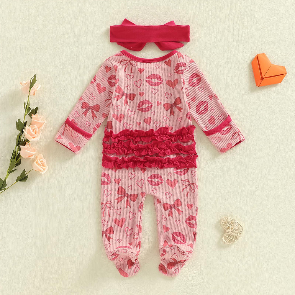 2PCS Christmas Bowknot Heart Printed Long Sleeve Zipper Baby Jumpsuit