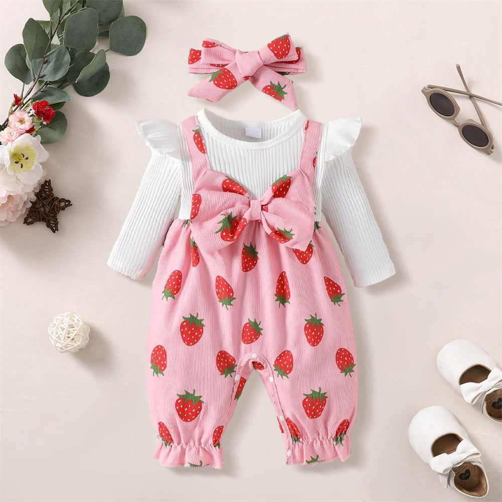 2PCS Sweet Strawberry Print Long Sleeve Baby Jumpsuit