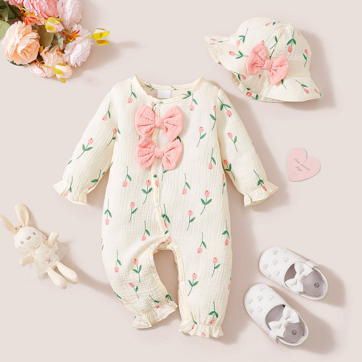 2PCS Lovely Allover Floral Printed Long Sleeve Baby Jumpsuit