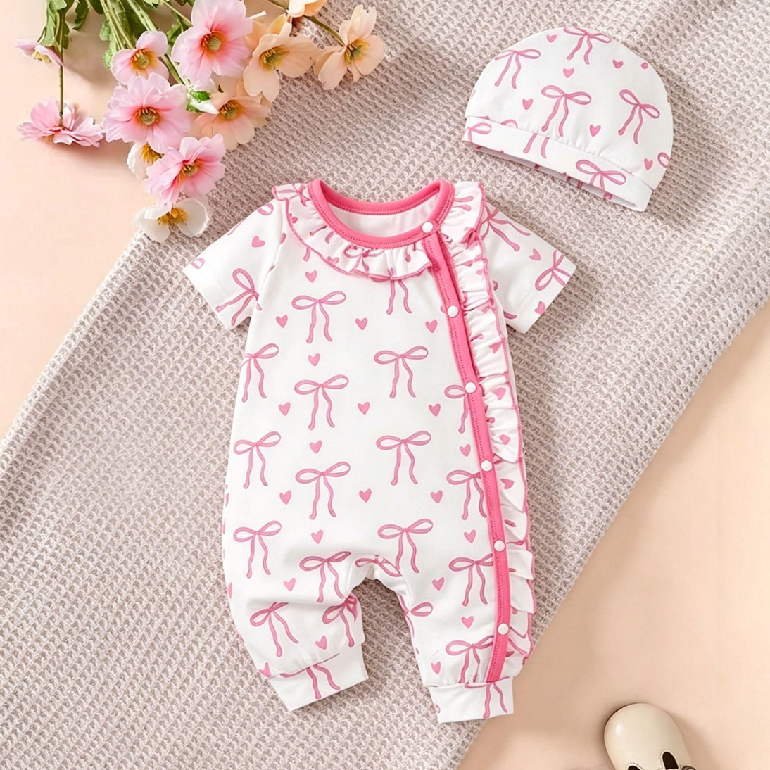 2PCS Sweet Bow & Heart Print Short Sleeve Baby Jumpsuit with Hat