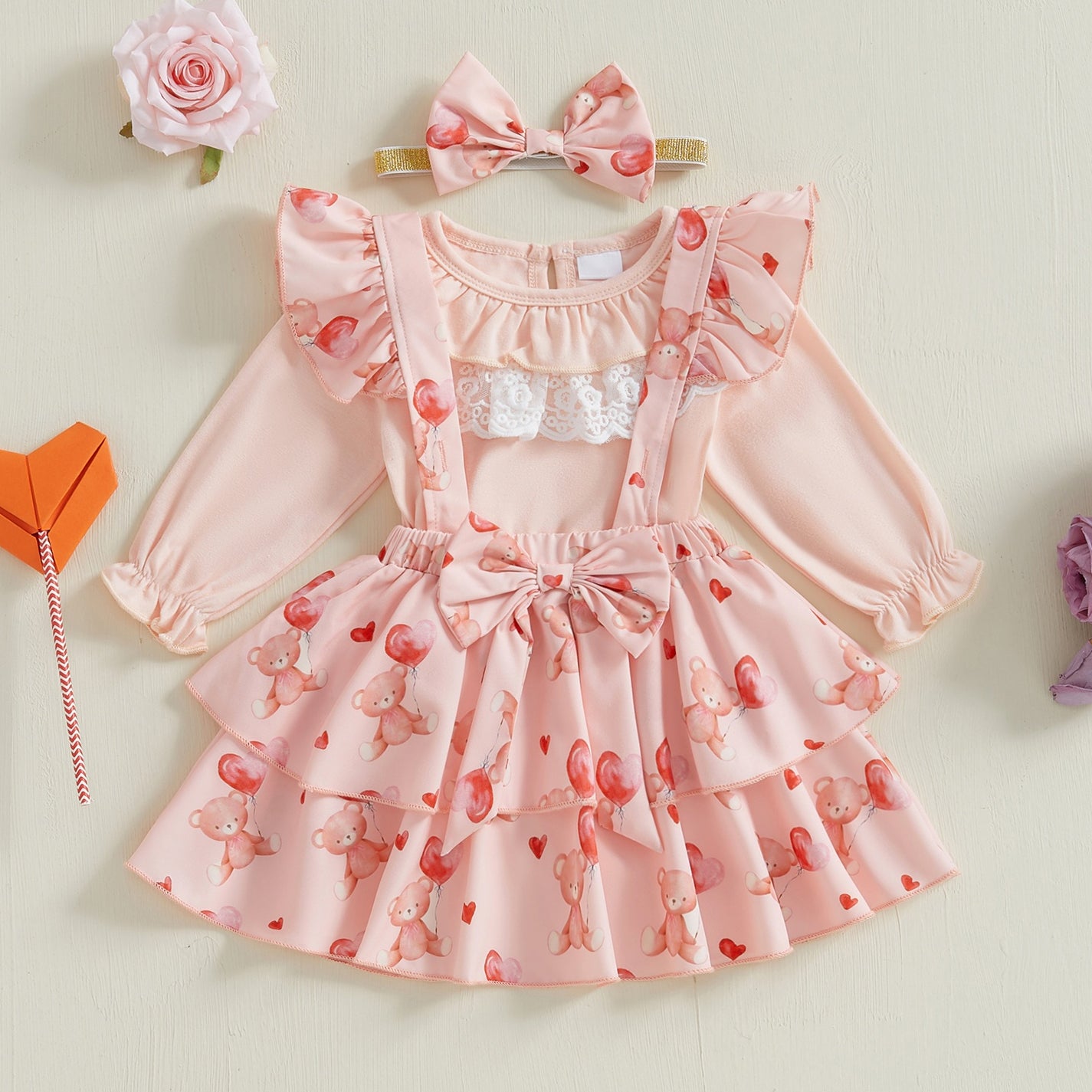 3PCS Lovely Bear Print Long Sleeve Suspender Baby Girl Set
