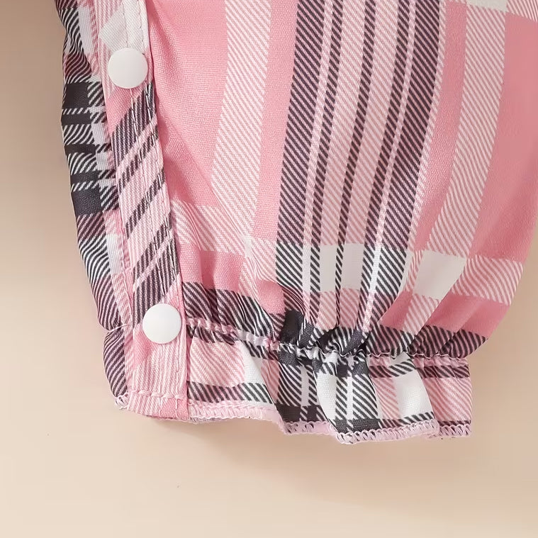 2PCS Chic Plaid Print Bow Decor Long Sleeve Baby Girl Jumpsuit