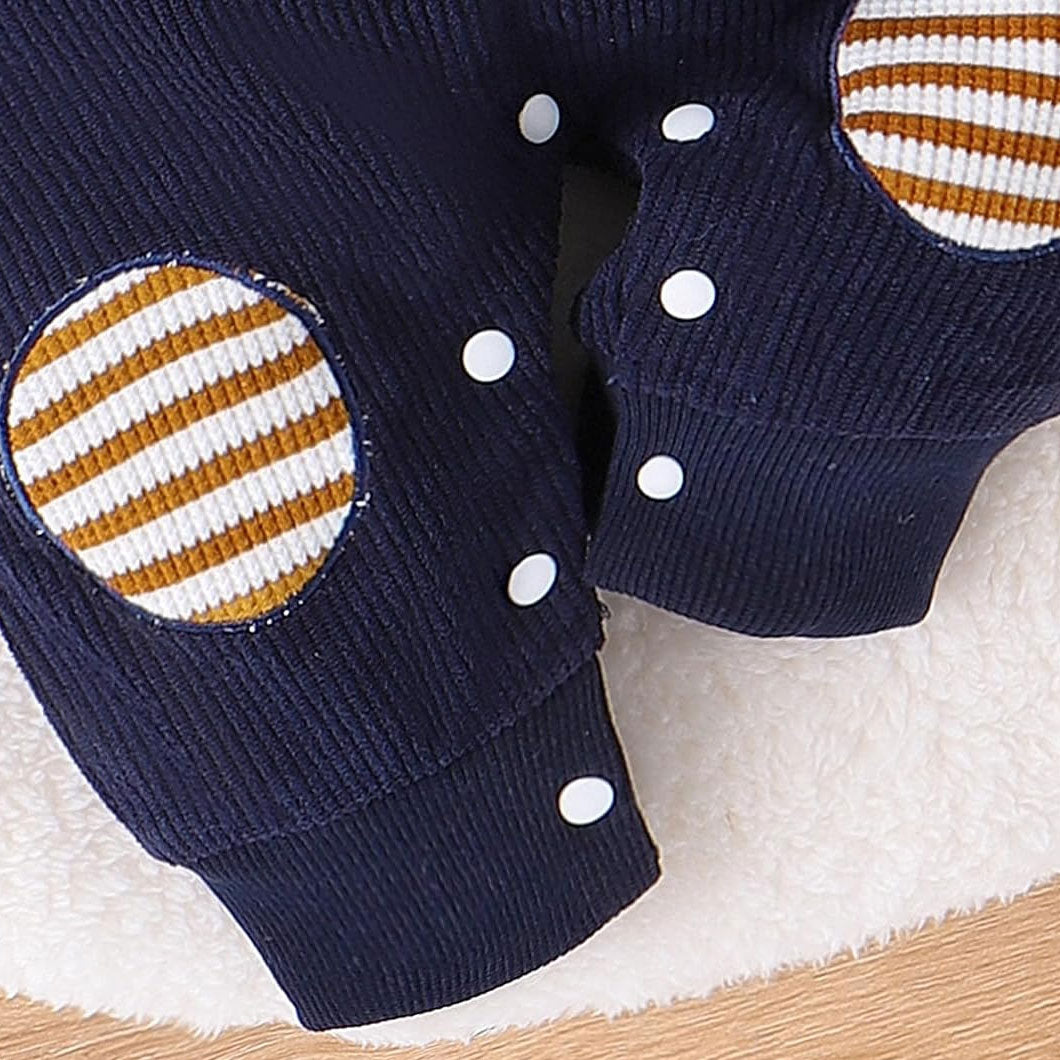 Cute Faux Layered Dog Applique Stripe Print Hooded Baby Jumpsuit