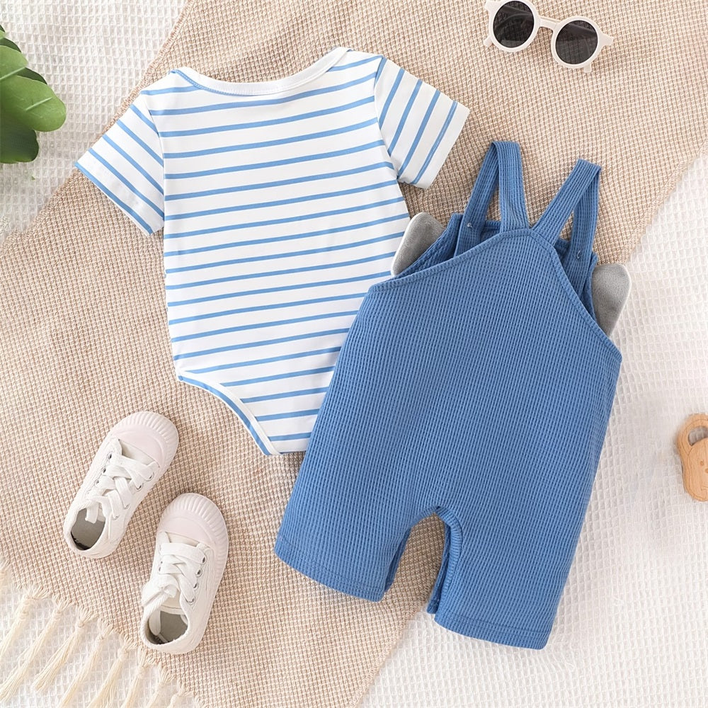 2PCS Summer Elephant Printed Striped Short Sleeve Baby Set