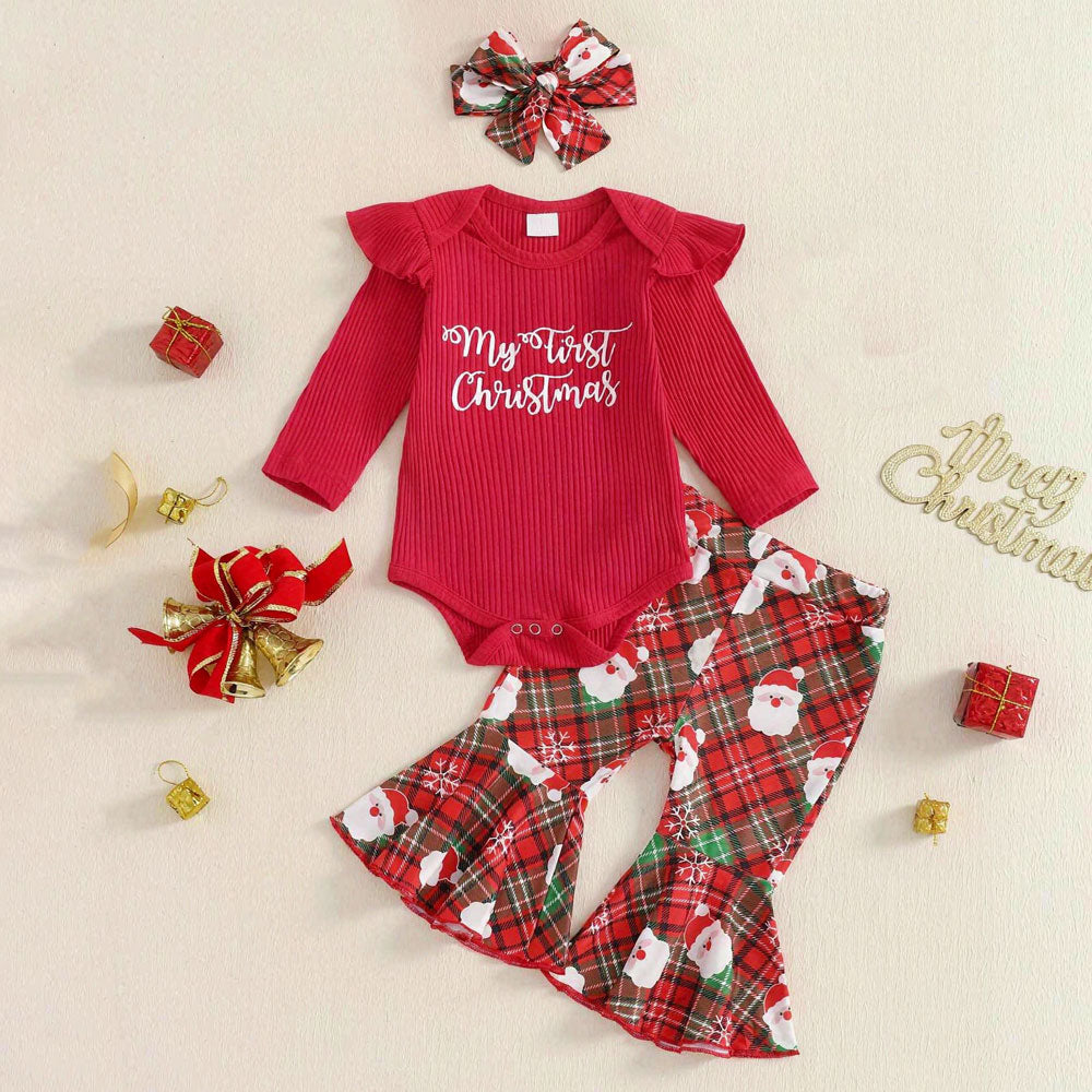 3PCS My First Christmas Letter Plaid Santa Claus Print Long Sleeve Baby Set