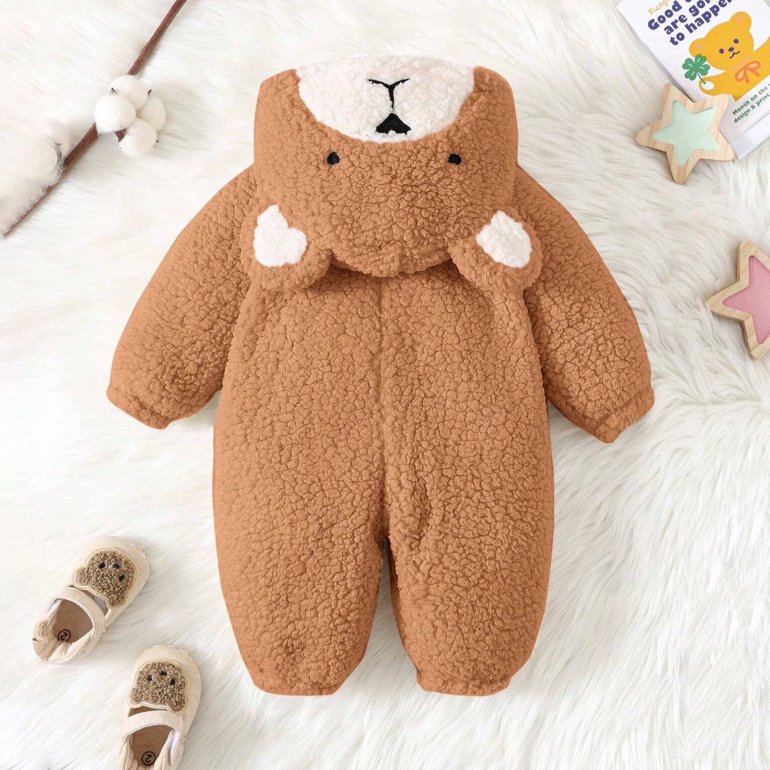 Lovely 3D Ear Bear Printed Hooded Zipper Baby Jumpsuit