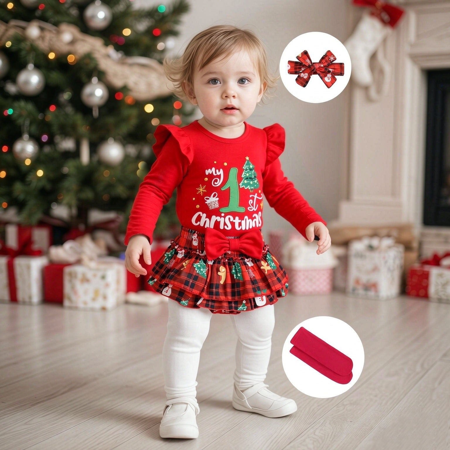 4PCS My 1st Christmas Letter Plaid Printed Long Sleeve Baby Set