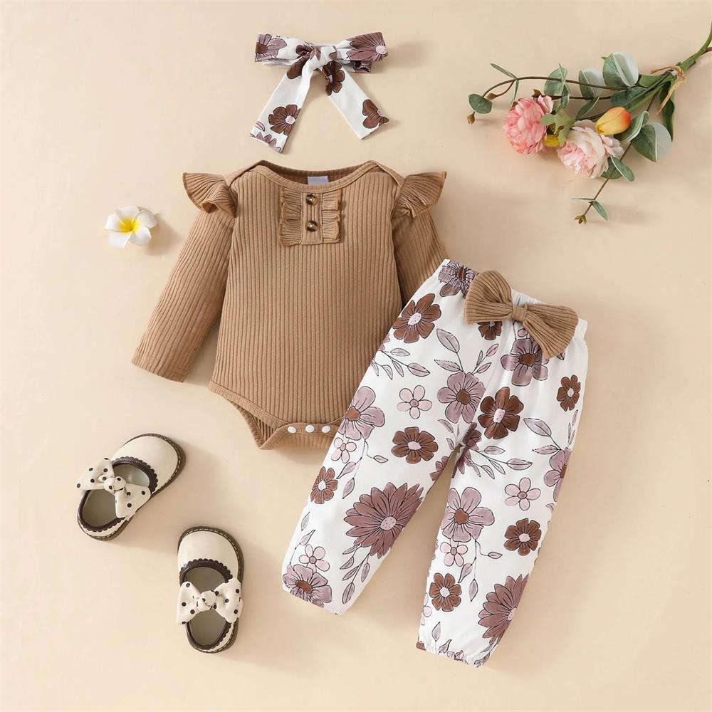 3PCS Cute Floral Print Long Sleeve Baby Girl Set