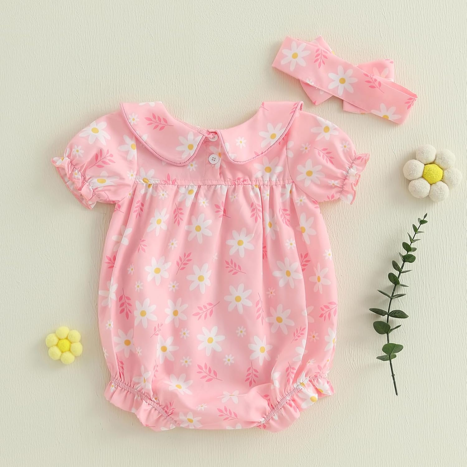 2PCS Smocked Floral Short Sleeve Peter Pan Collar Bubble Romper