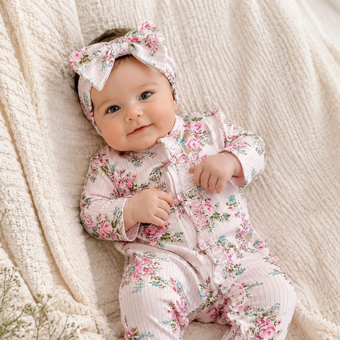 2PCS Romantic Floral Printed Ruffle Zipper Long Sleeve Baby Jumpsuit