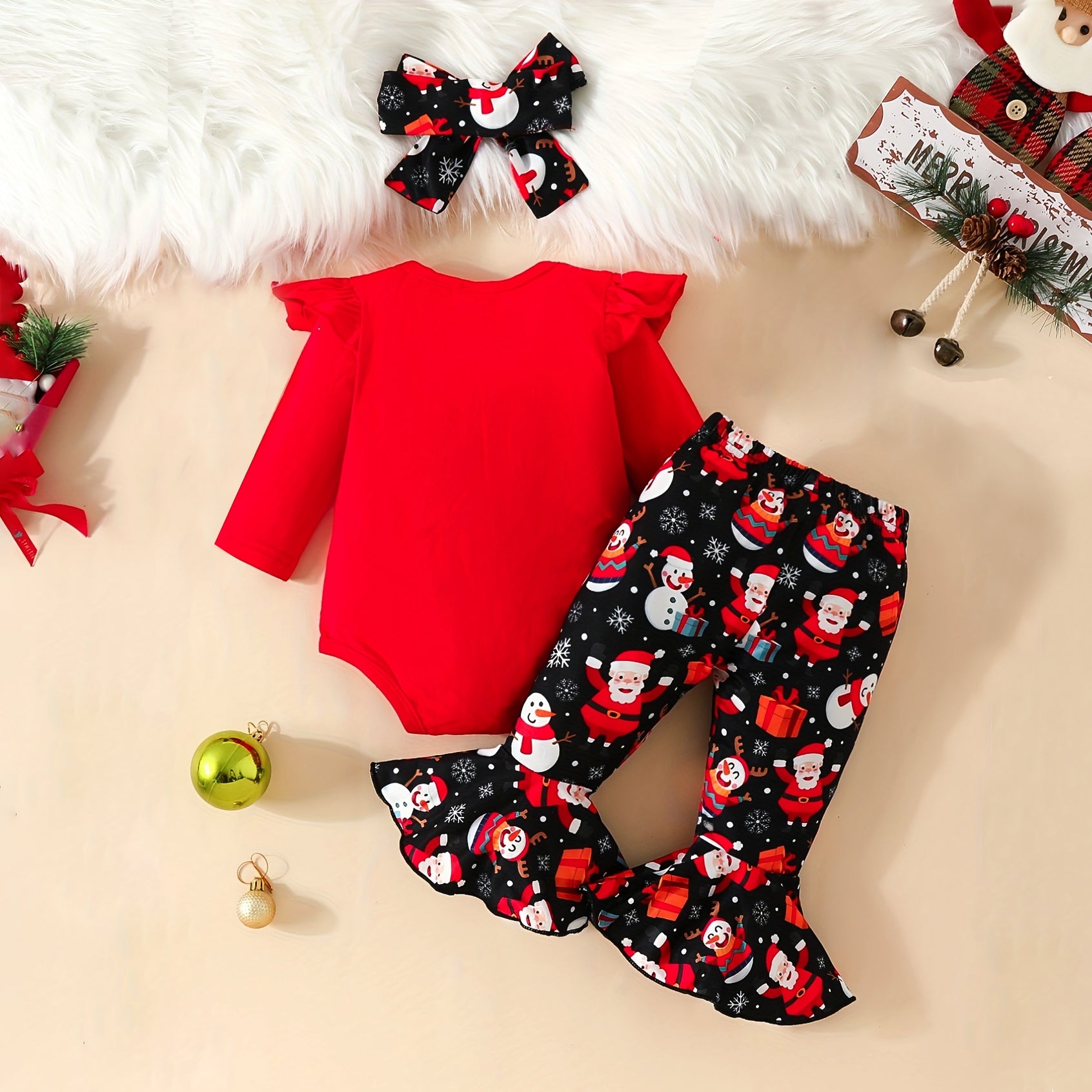 3PCS My 1st Christmas Letter and Santa Claus Printed Long Sleeve Baby Set