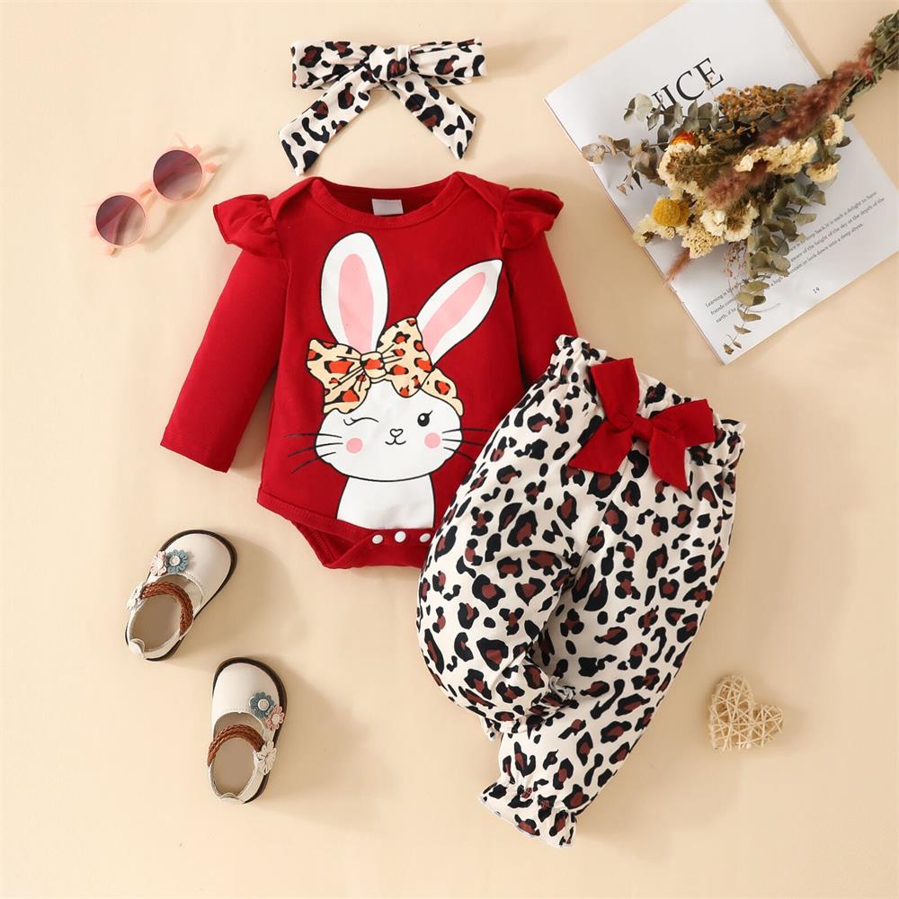 3PCS Stylish Bunny Leopard Print Long Sleeve Baby Set
