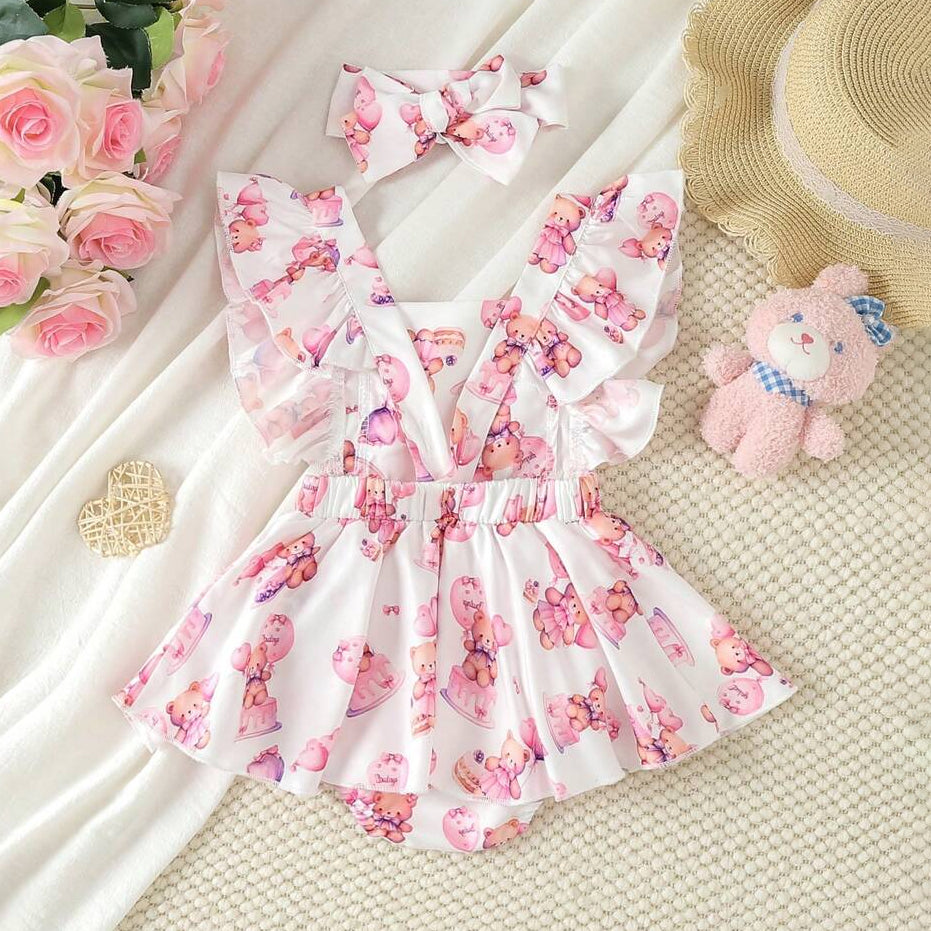 2PCS Lovely Bear Printed Ruffle Trim Baby Romper