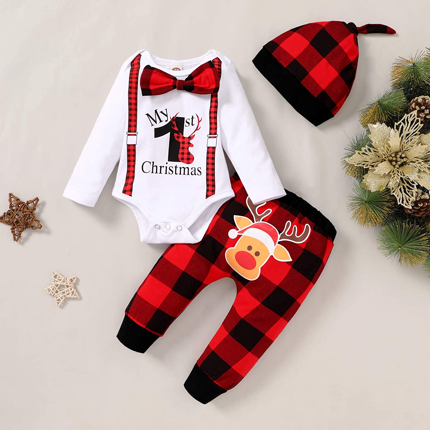 3PCS Lovely My 1st Christmas Elk Printed Baby Set