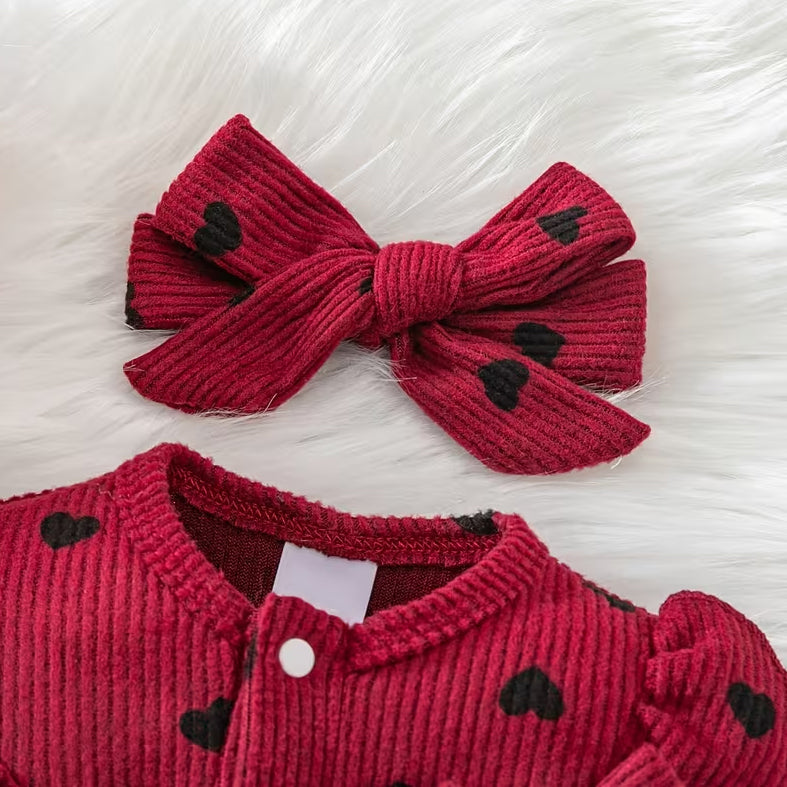 2PCS Lovely Baby Girl Heart Printed Bow Long Sleeve Jumpsuit