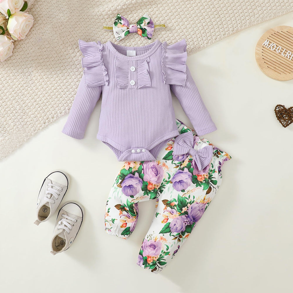 3PCS Trendy Floral Printed Bowknot Long Sleeve Baby Set