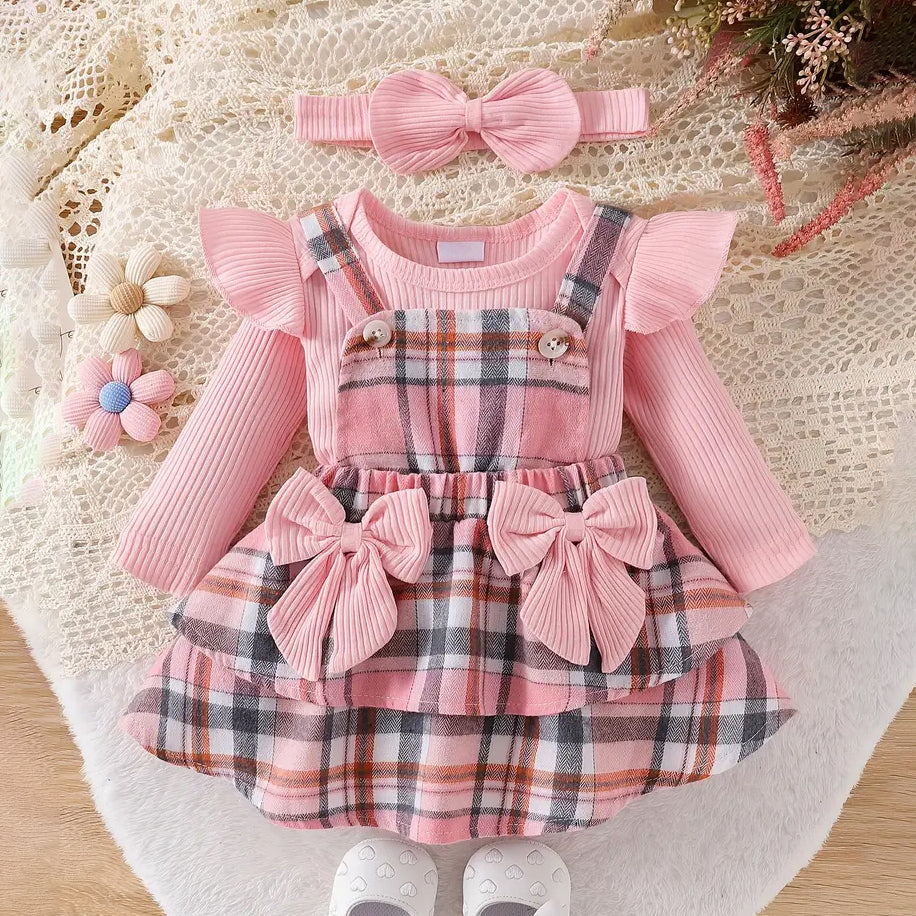 3PCS Sweet Plaid Printed Bowknot Long Sleeve Baby Set