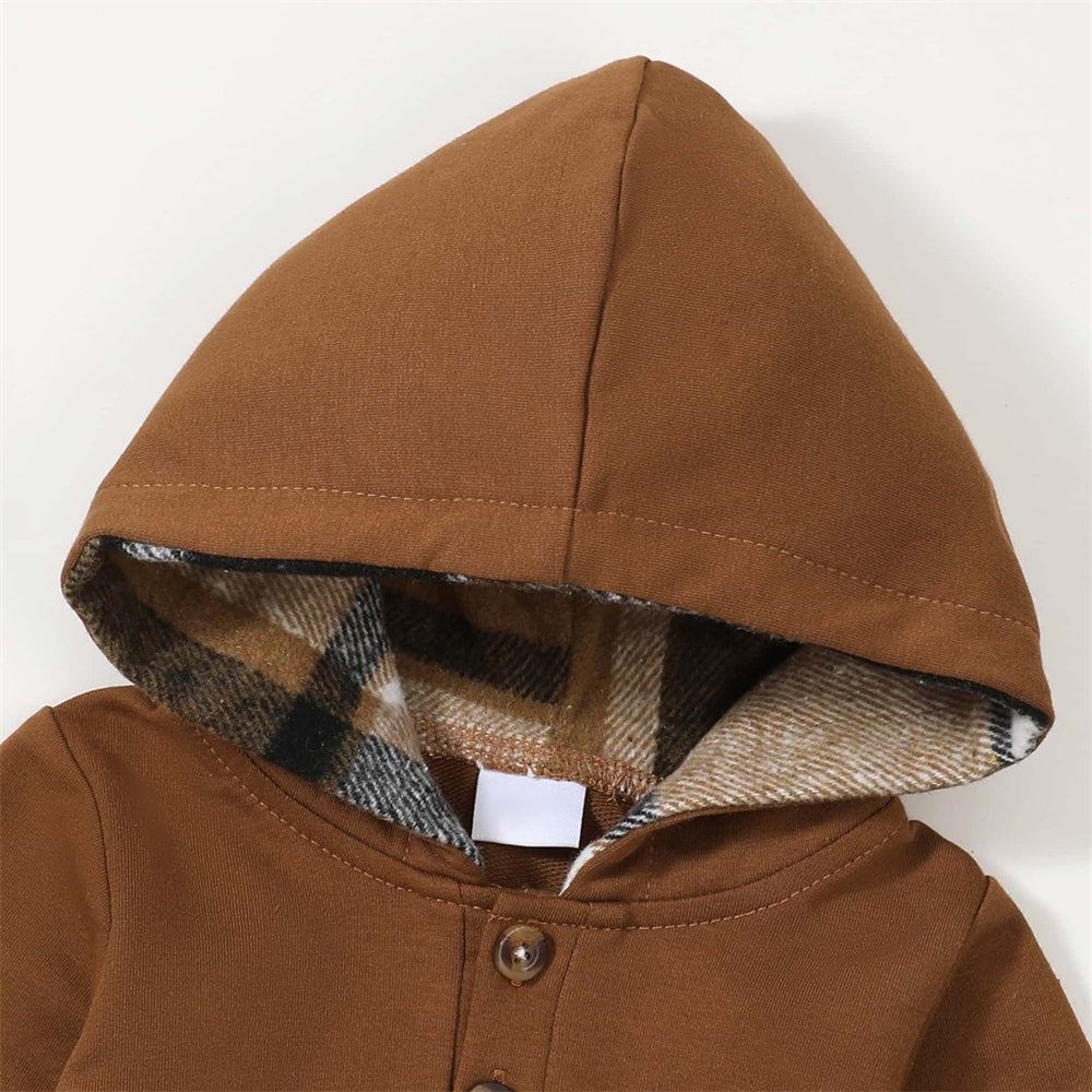 2PCS Casual Comfy Plaid Print Long Sleeve Baby Hooded Set