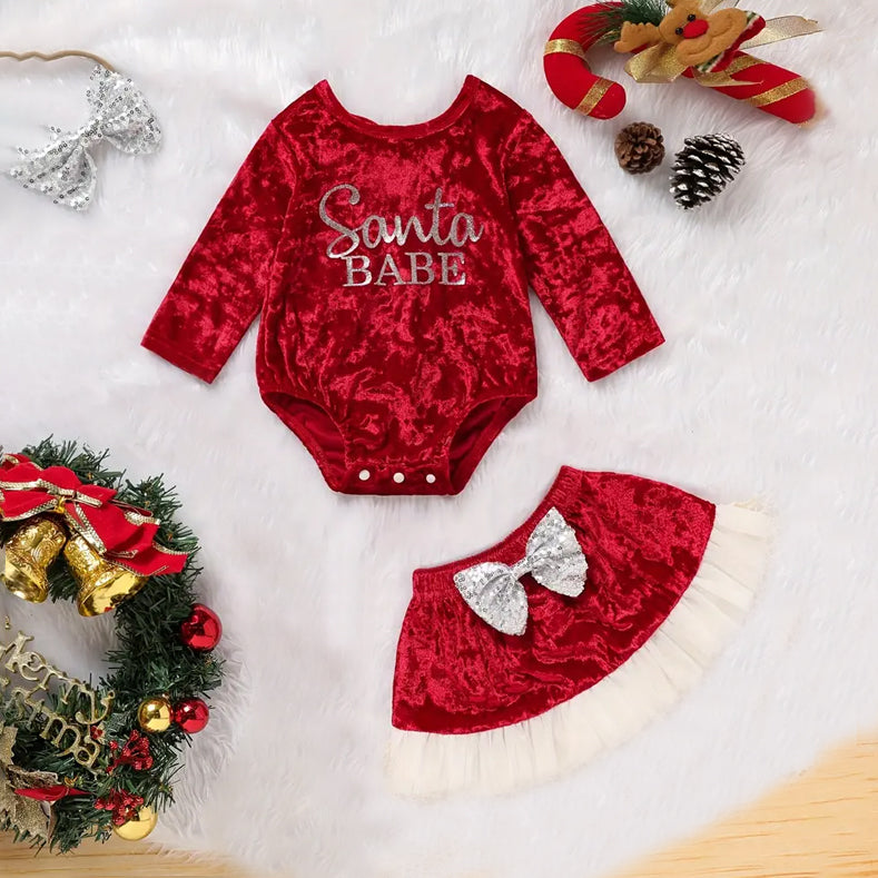 2PCS Christmas Santa Babe Letter Printed Bow Long Sleeve Baby Set