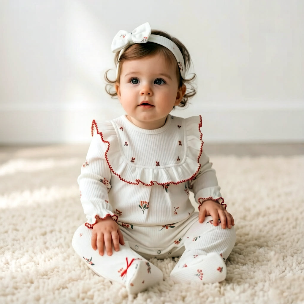 2PCS Sweet Floral Print Ruffled Collar Long Sleeve Baby Jumpsuit