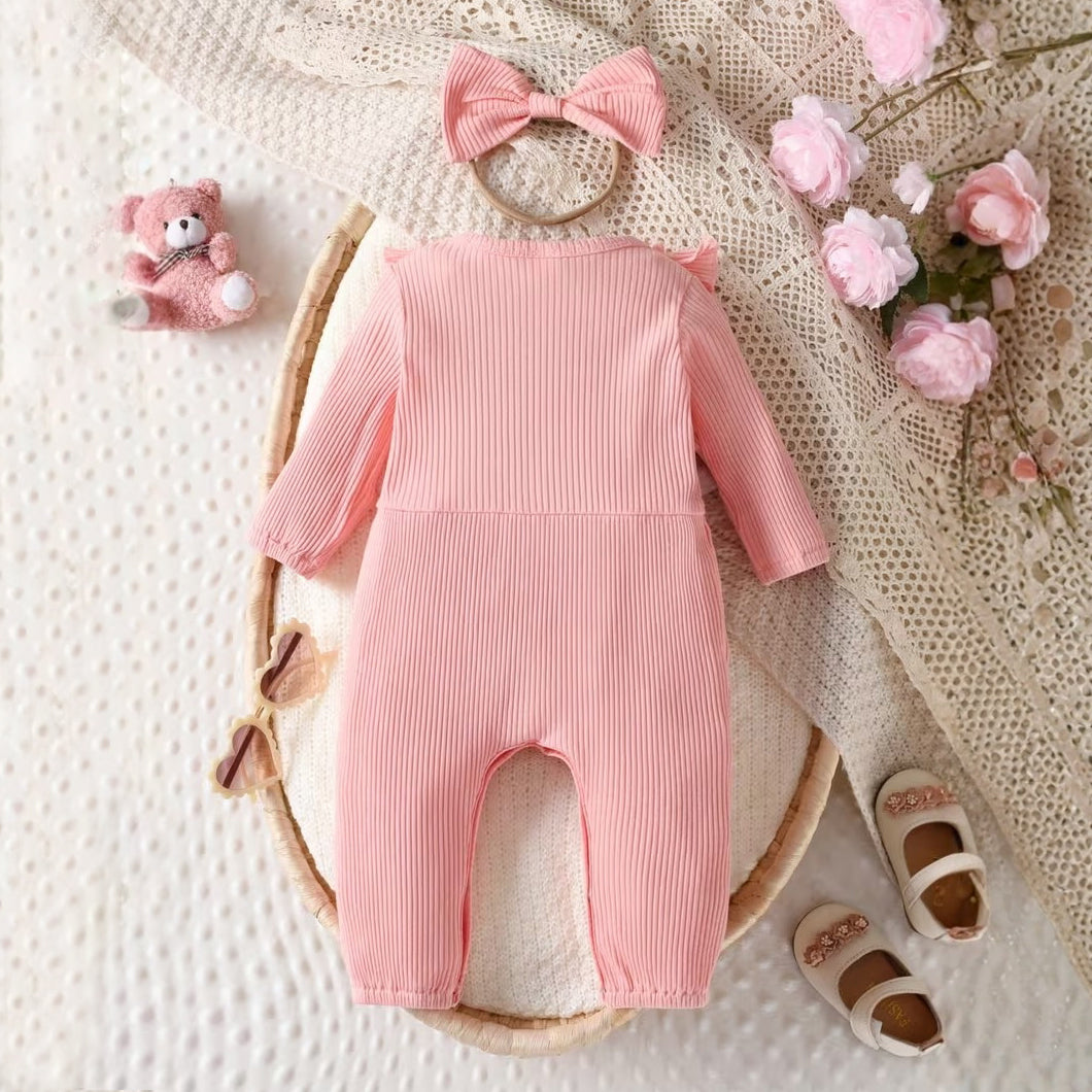 2PCS Comfy Solid Color Bowknot Long Sleeve Baby Jumpsuit