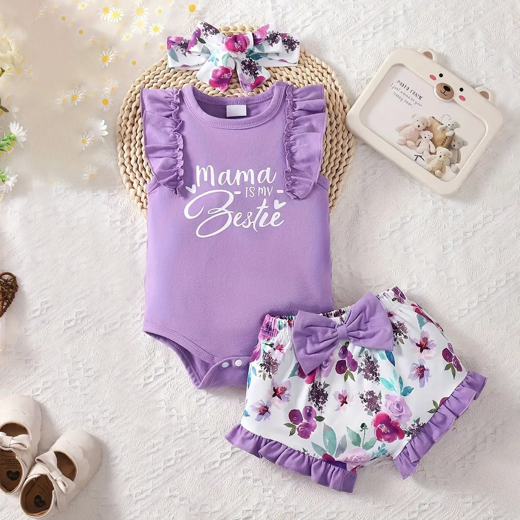 3PCS Mama Is My Bestie Letter Printed Sleeveless Baby Set