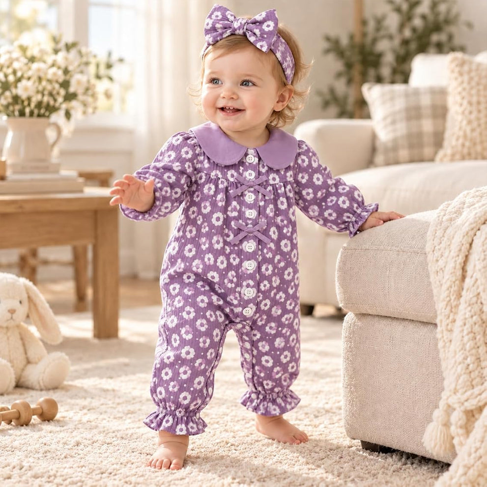 2PCS Charming Baby Girl Floral Print Bow Tie Long Sleeve Jumpsuit