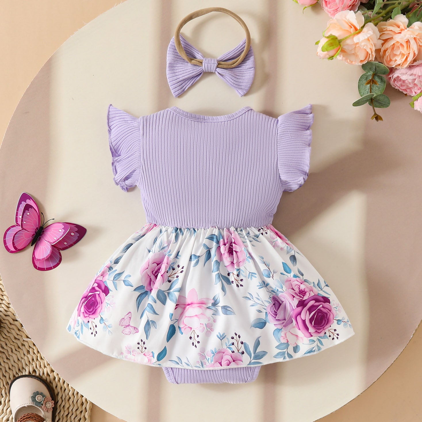 2PCS Grace Floral Printed Fly Sleeve Baby Romper