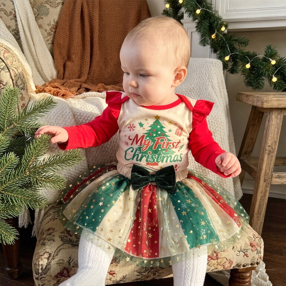 2PCS Sweet My First Christmas Letter Tree Print Tulle Baby Girl Set