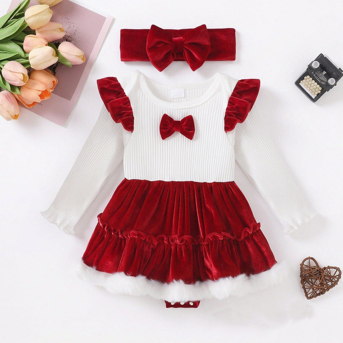 2PCS Chic Color Block Long Sleeve Baby Girl Velvet Romper