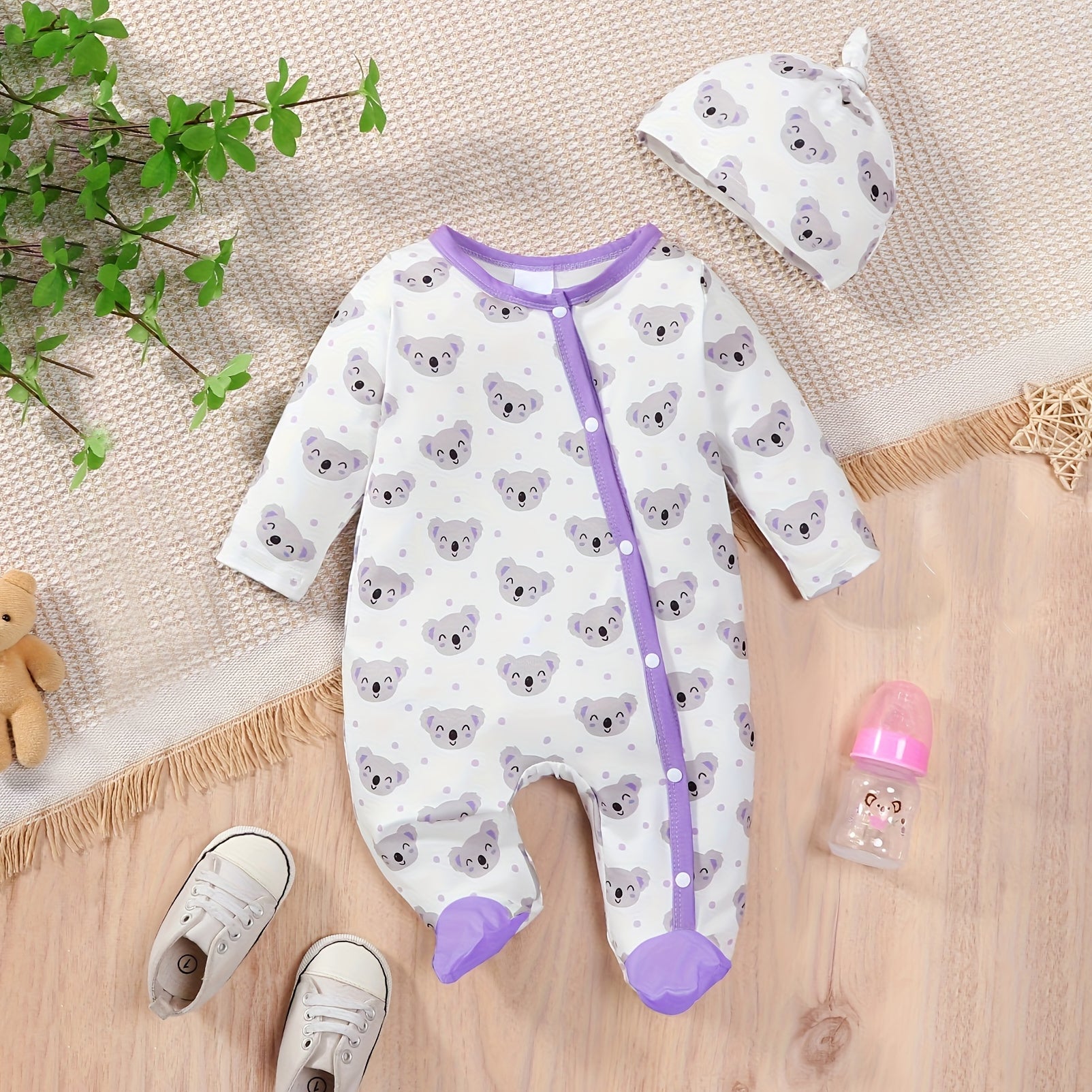 2PCS Casual Koala Printed Footed Baby Jumpsuit