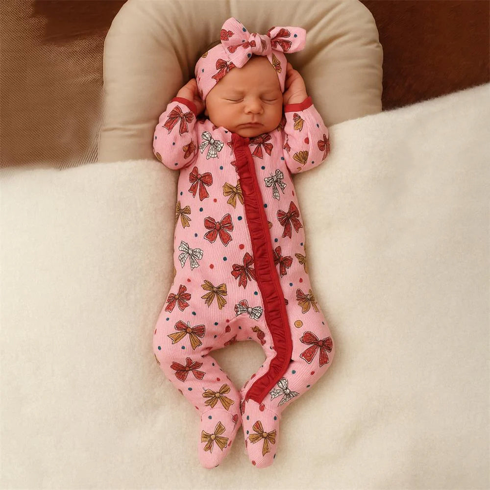 2PCS Comfy Bow Print Ruffle Long Sleeve Baby Jumpsuit