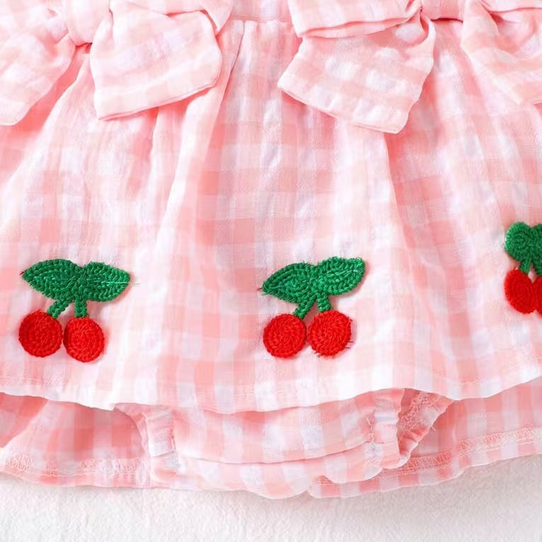 Sweet Cherry Applique Plaid Print Flutter Sleeve Baby Romper