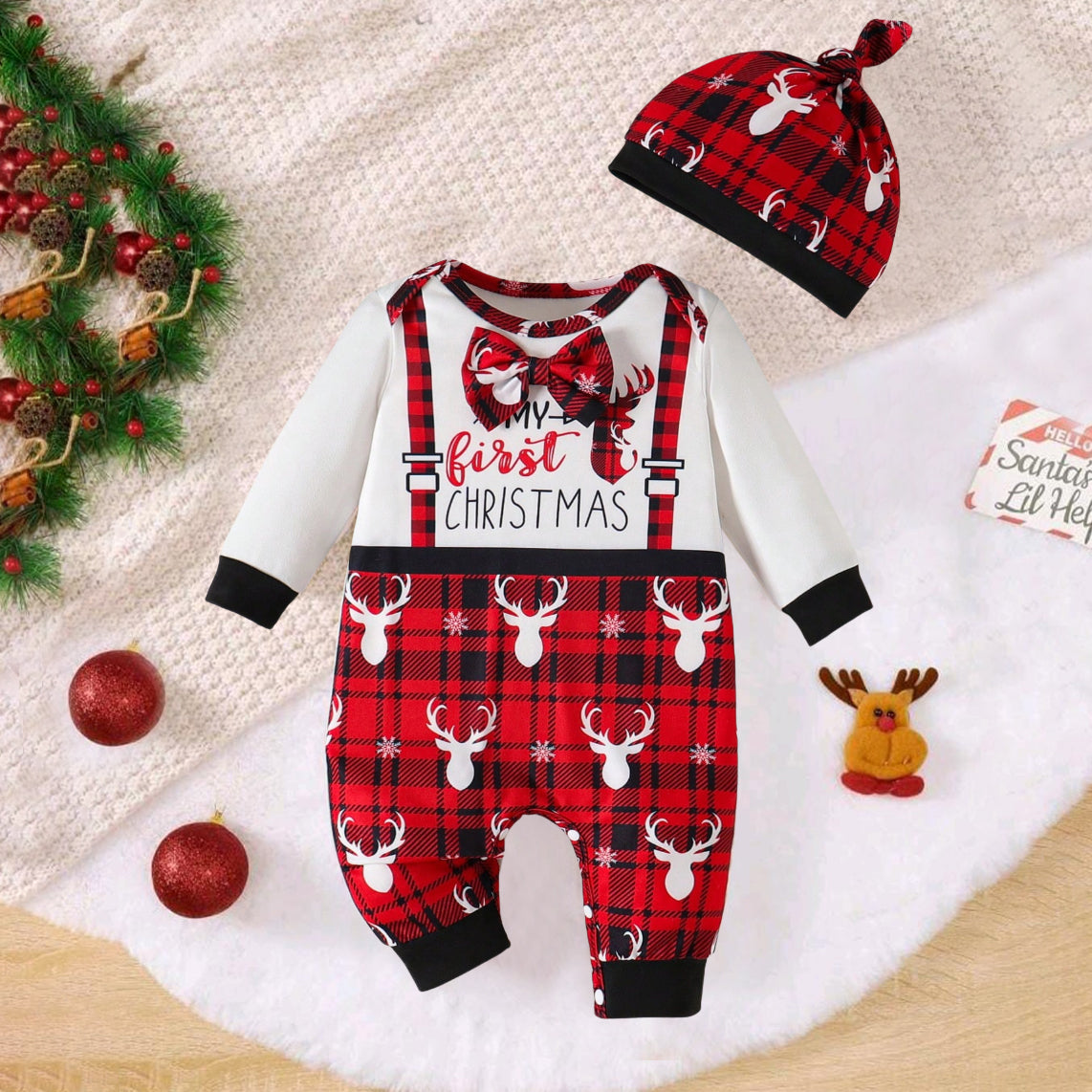 2PCS My First Christmas Letter Elk Plaid Printed Baby Jumpsuit