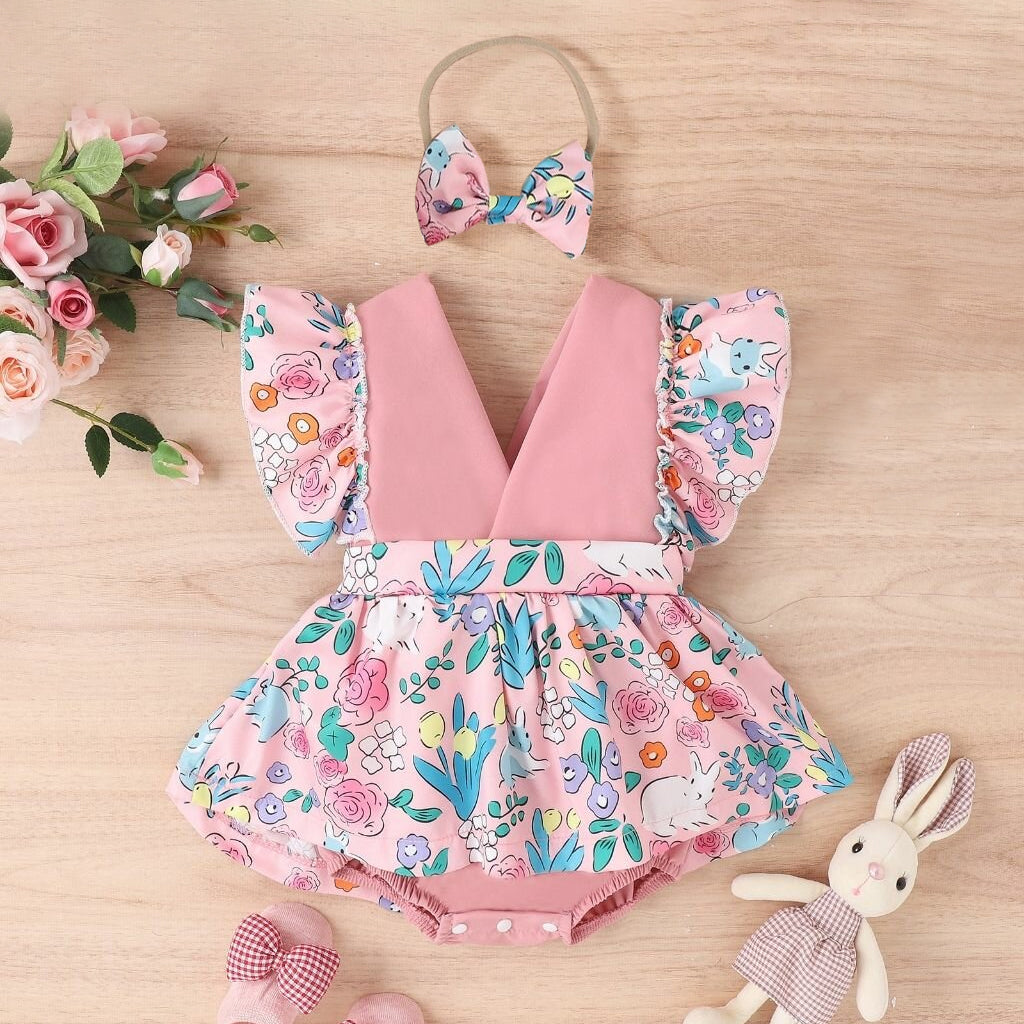 2PCS Gorgeous Floral Print Sleeveless Baby Romper