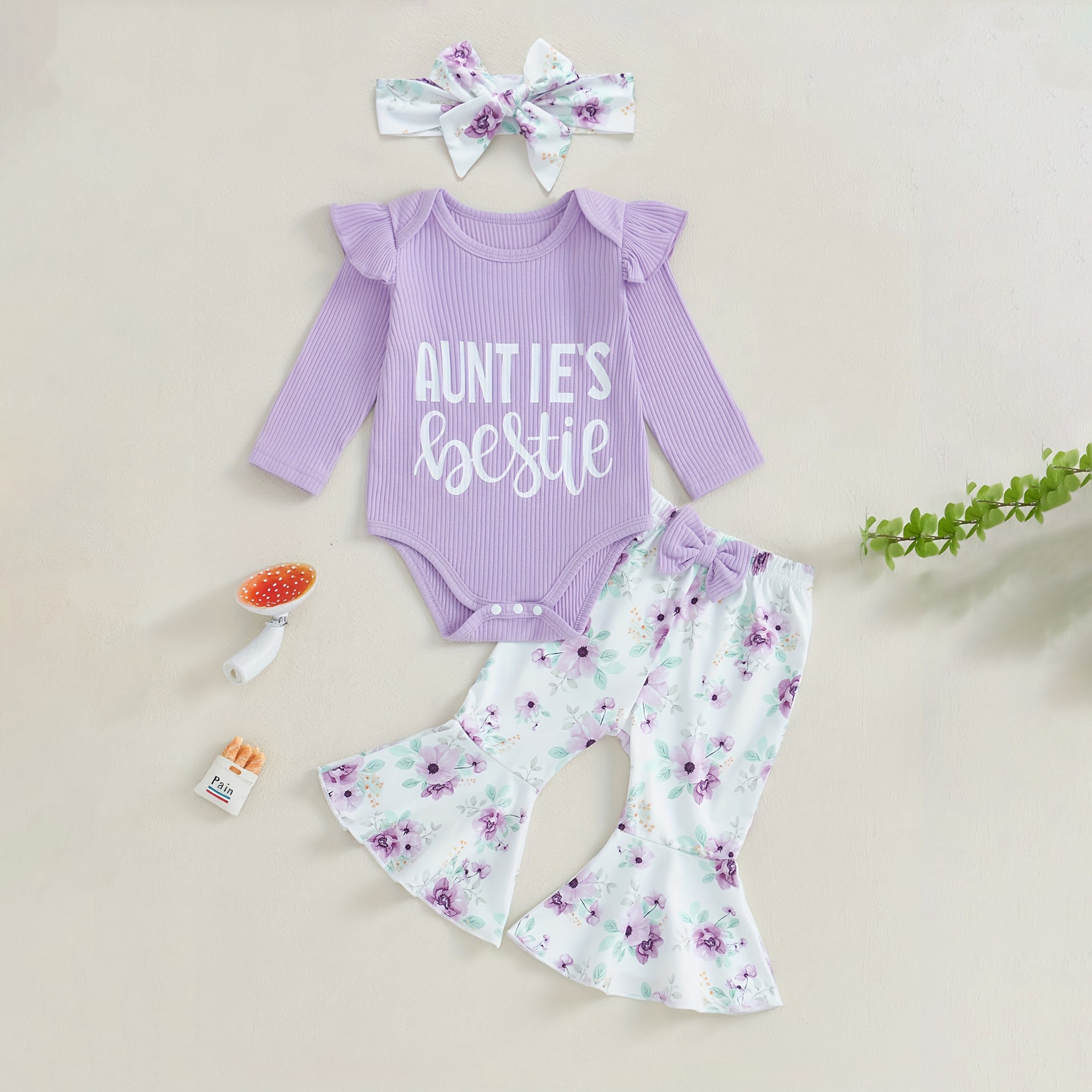 3PCS Lovely Auntie's Bestie Letter Floral Printed Baby Set