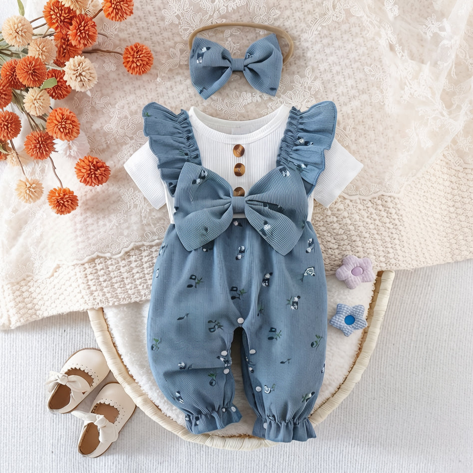 2PCS Graceful Floral Print Short Sleeve Baby Jumpsuit
