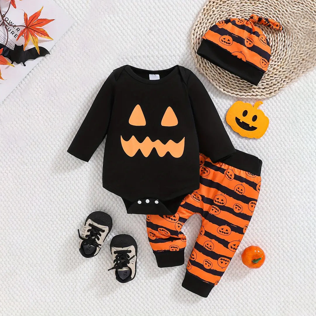 3PCS Pumpkin And Stripe Printed Long Sleeve Baby Set