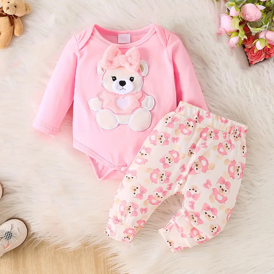 2PCS Adorable Bowknot Bear Decor Printed Long Sleeve Baby Set