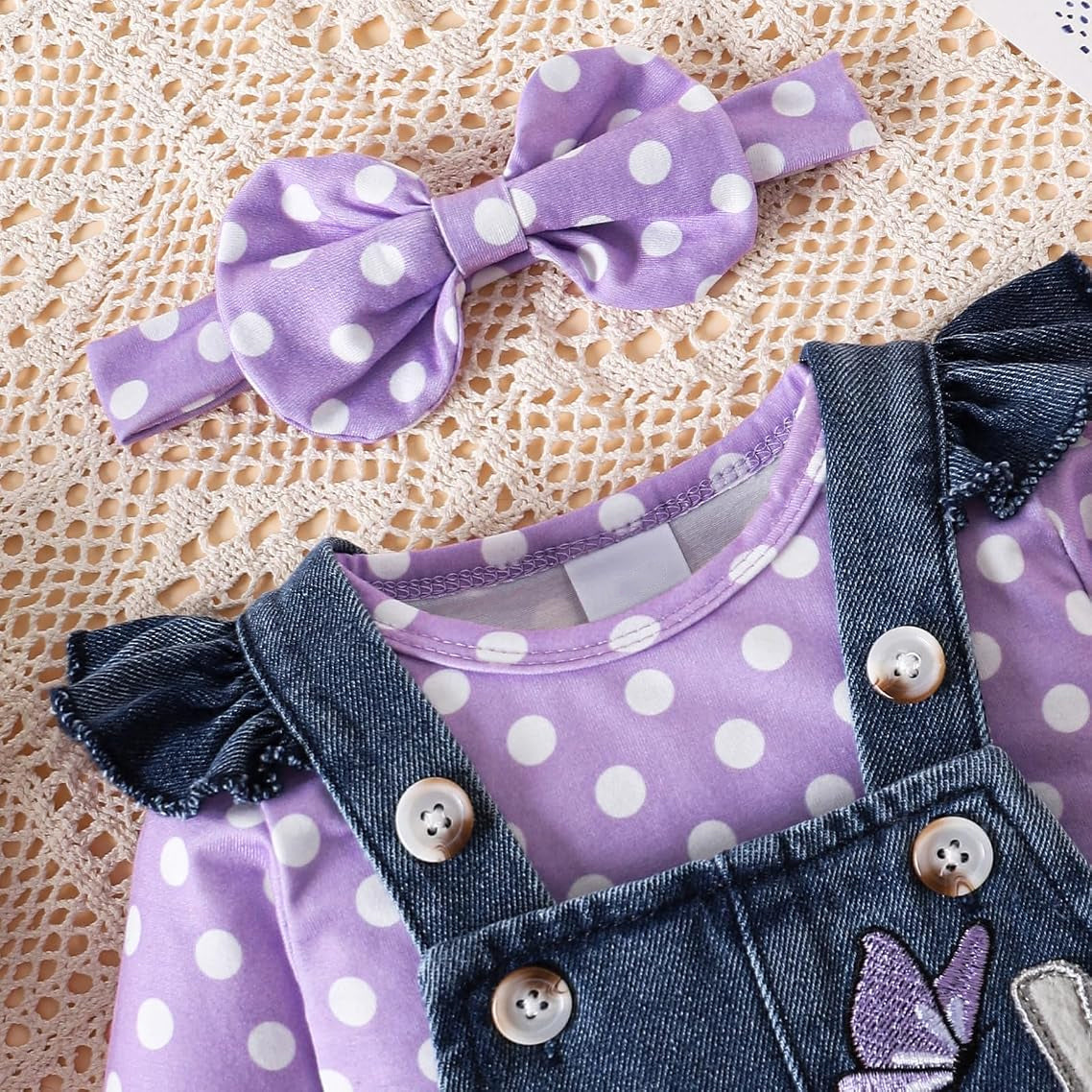 3PCS Sweet Polka Dots Print Elephant Embroidery Baby Overalls Set