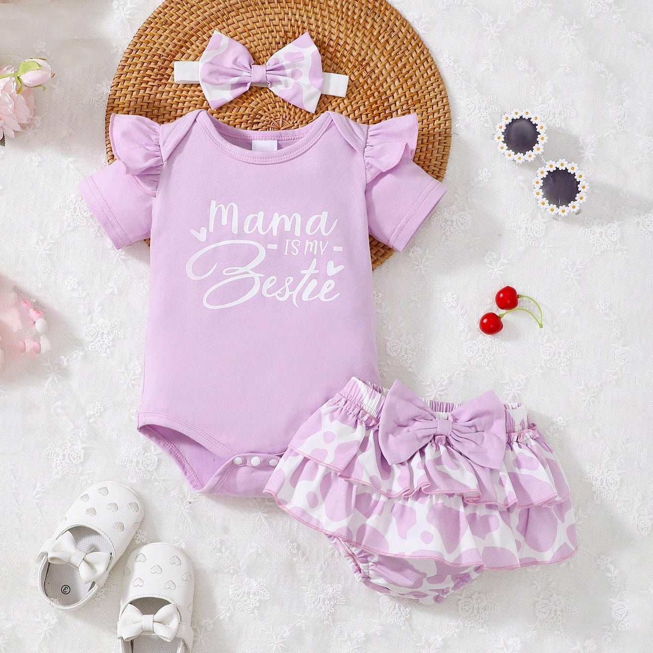 3PCS Mama Is My Bestie Letter Floral Printed Baby Set