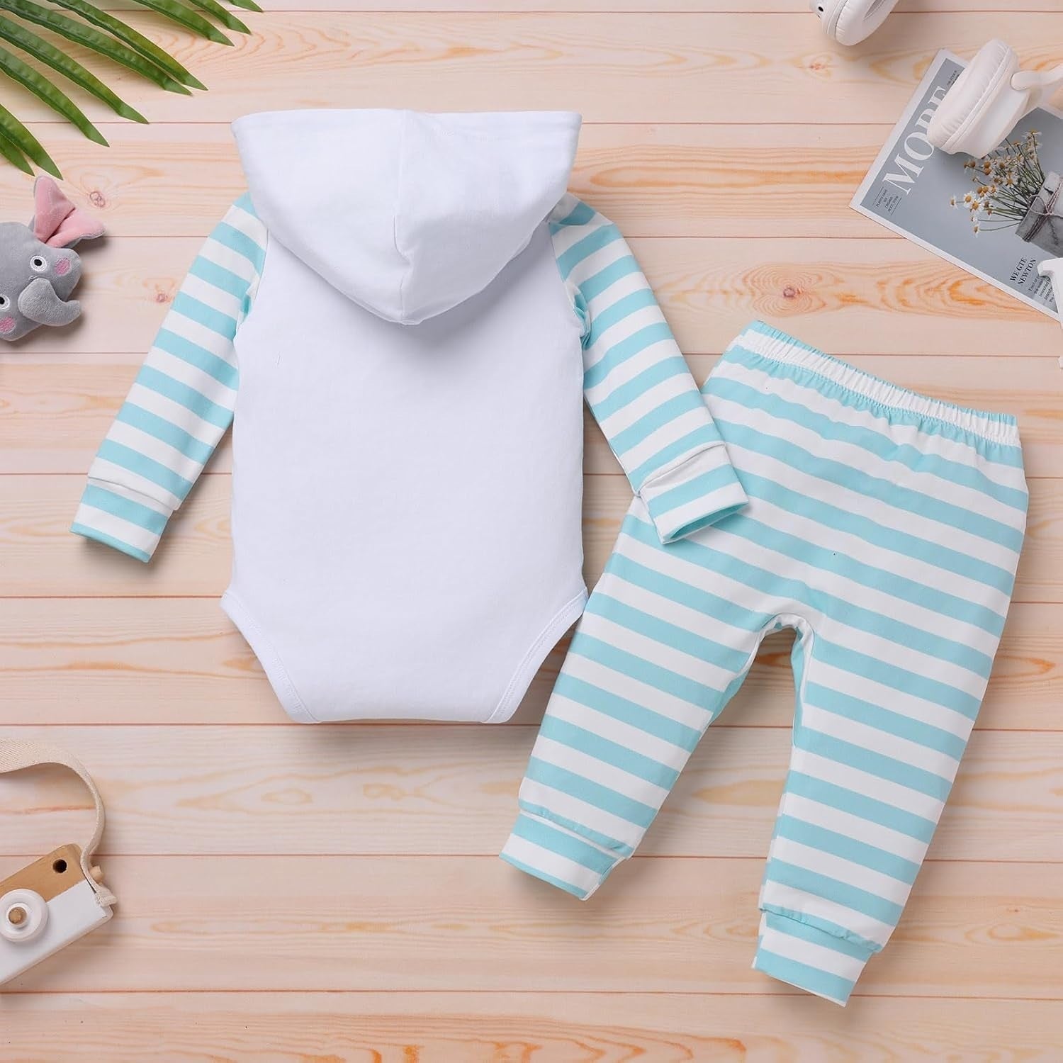 2PCS It's A Boy Letter Elephant Stripe Printed Hoodie Baby Set