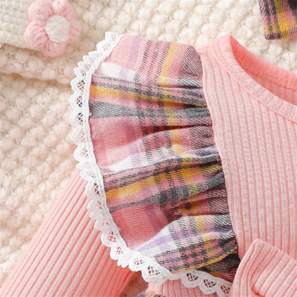 2PCS Sweet Plaid Print Ruffle Long Sleeve Baby Jumpsuit