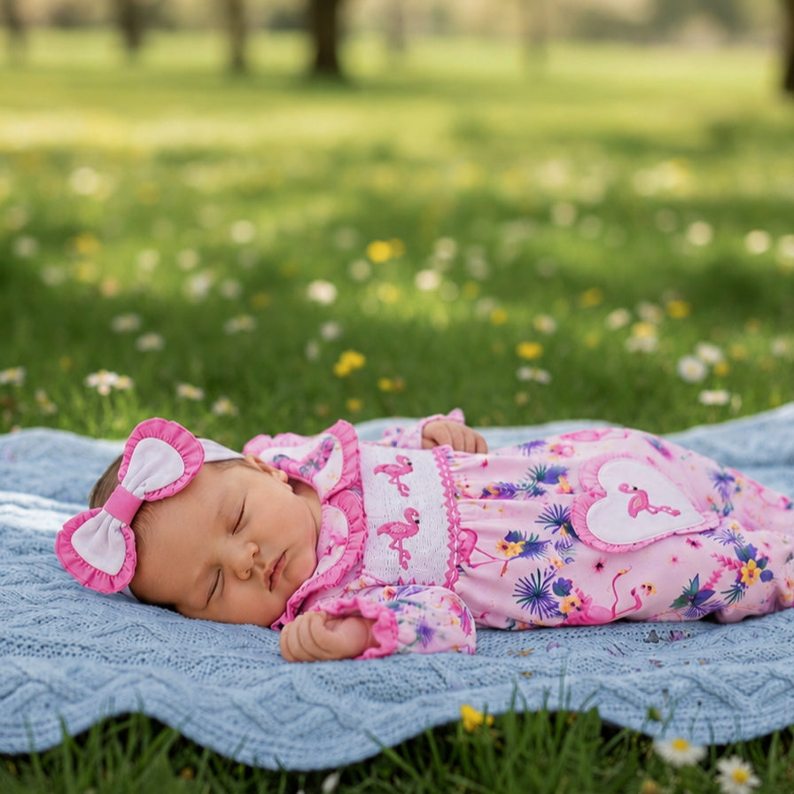 2PCS Elegant Flamingo Print Long Sleeve Baby Jumpsuit