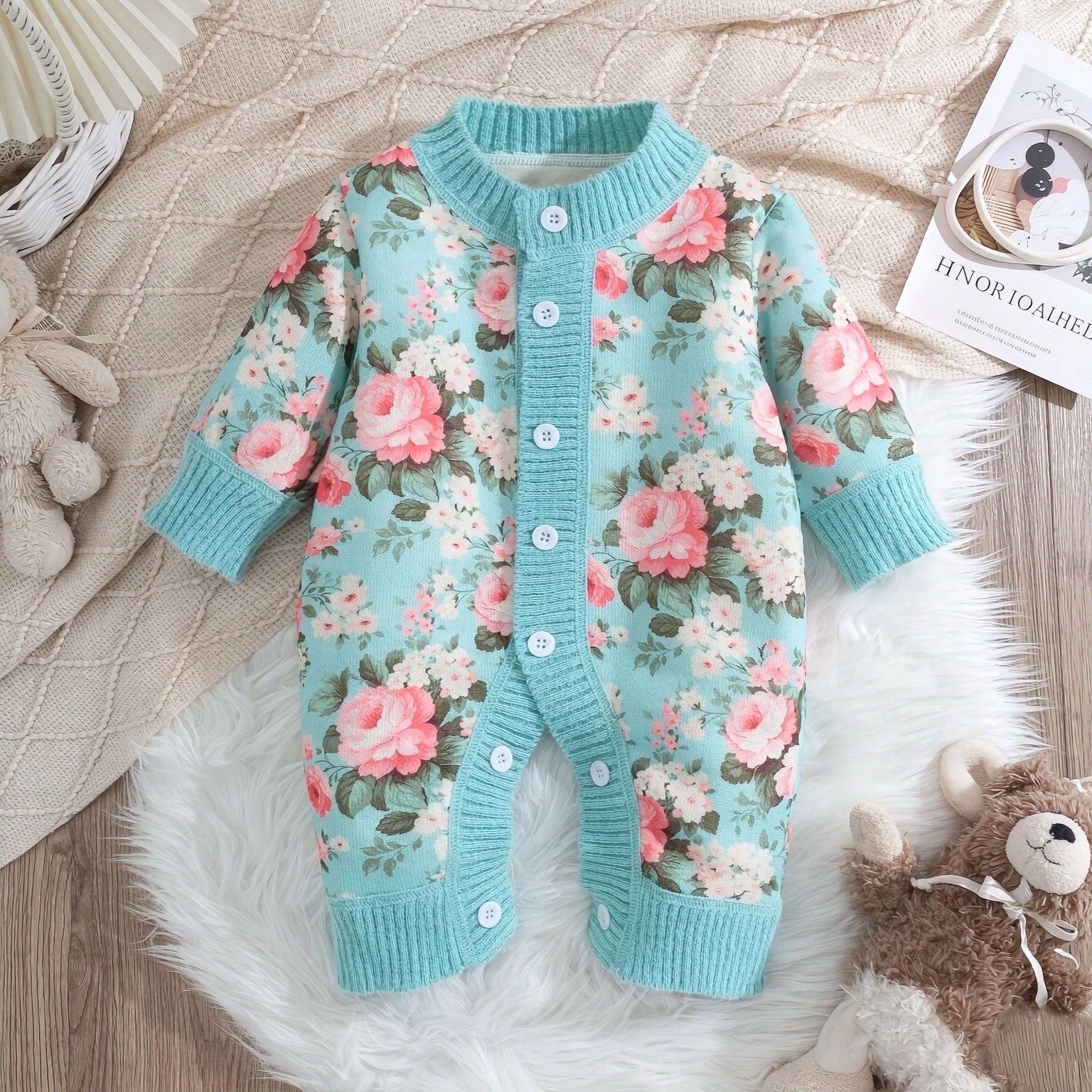 Grace Floral Printed Knit Long Sleeve Baby Jumpsuit