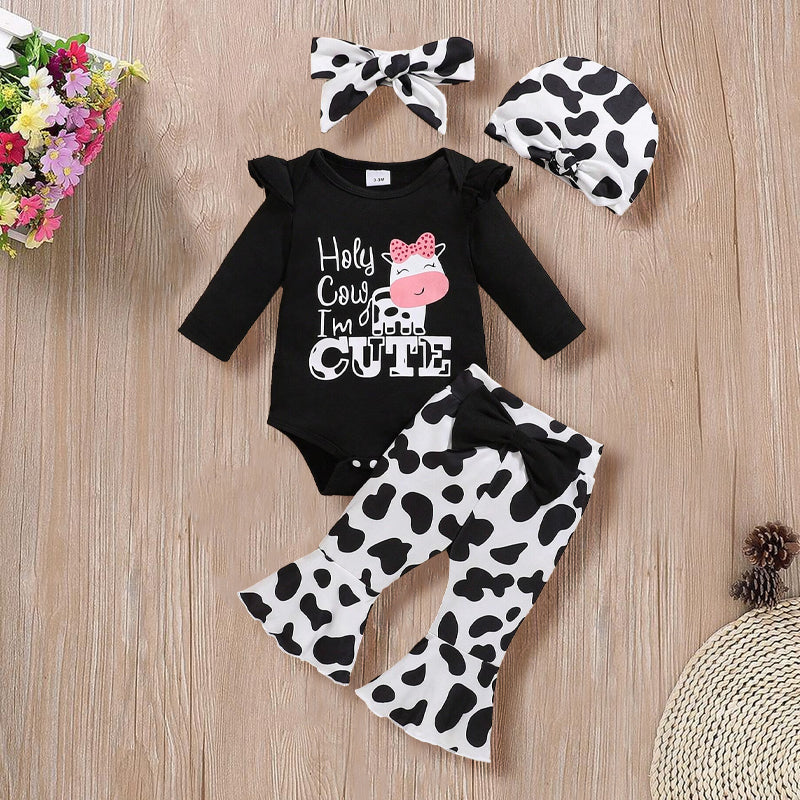 4PCS Holy Cow I AM Cute Cow Printed Long Sleeve Baby Set