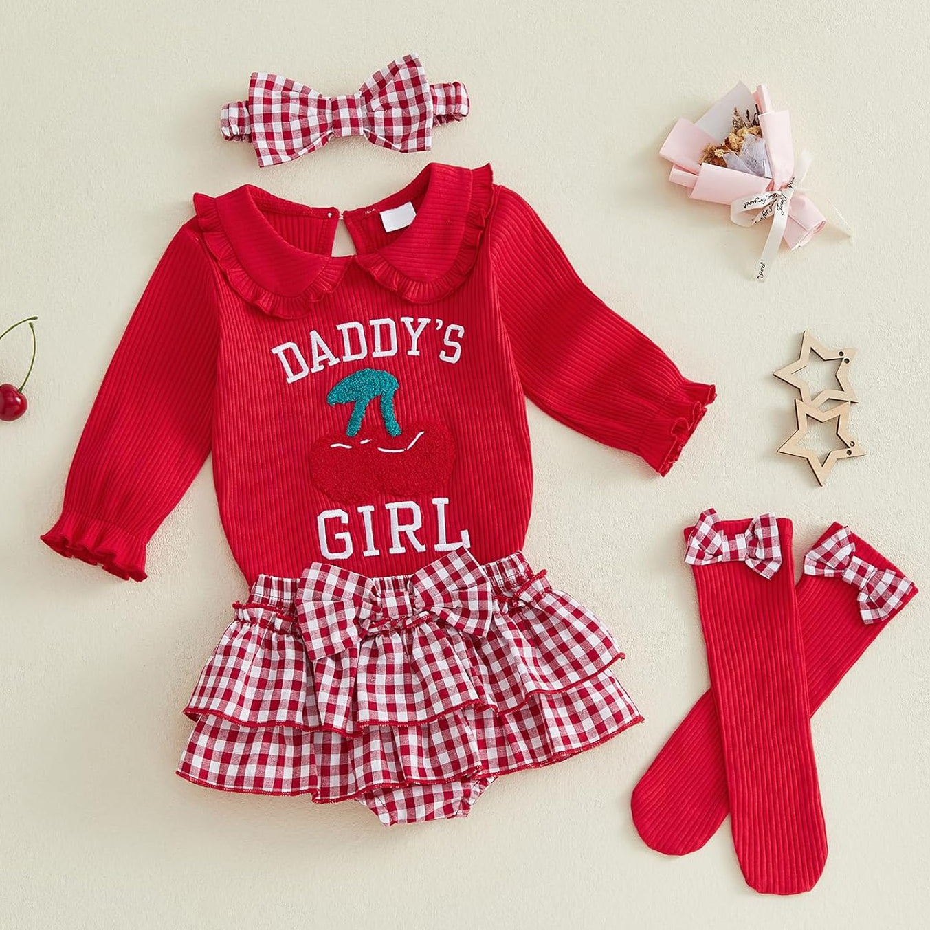 4PCS Grace Daddy's Girl Letter Cherry Plaid Printed Baby Set