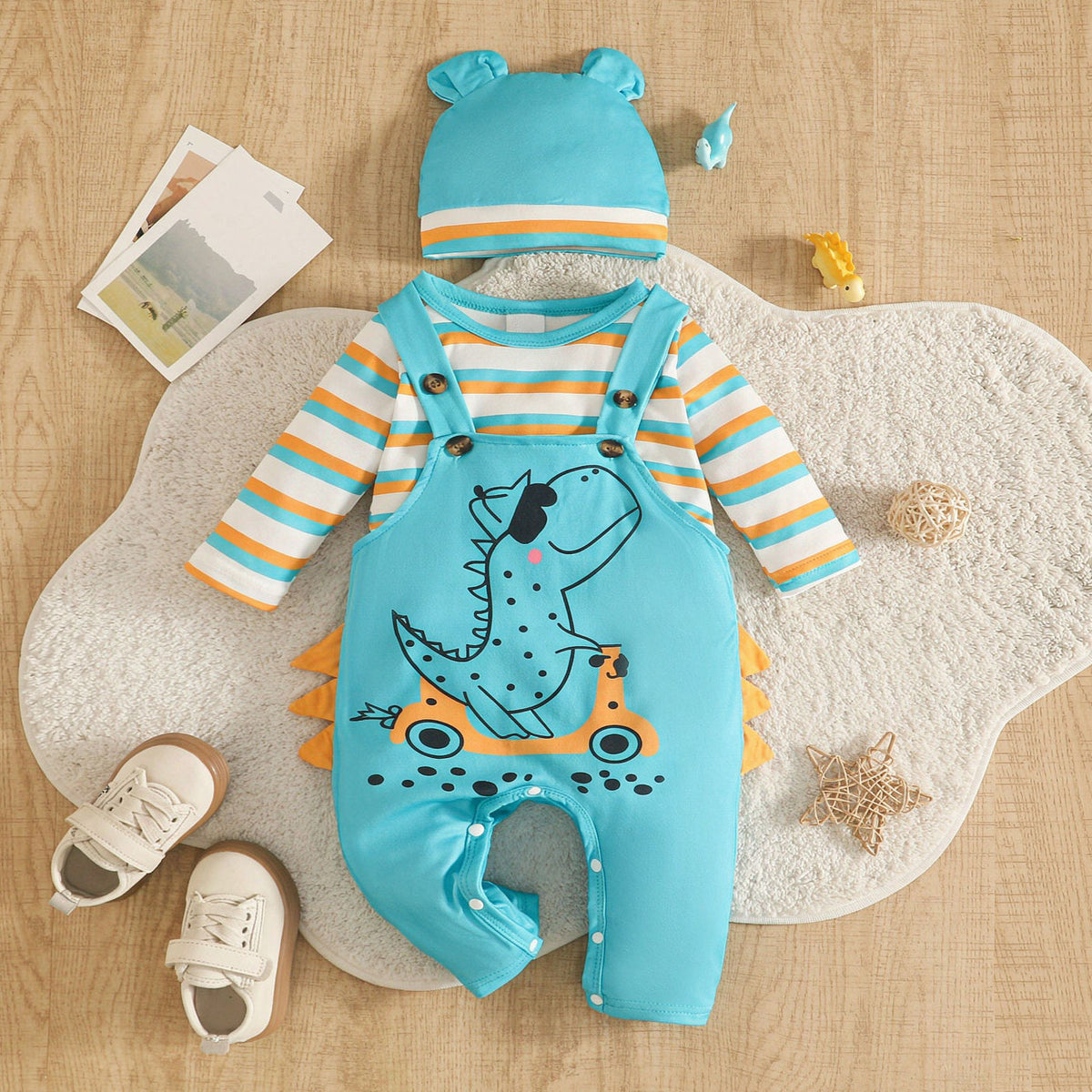 3PCS Dinosaur and Stripe Print Long Sleeve Baby Boy Overalls Set